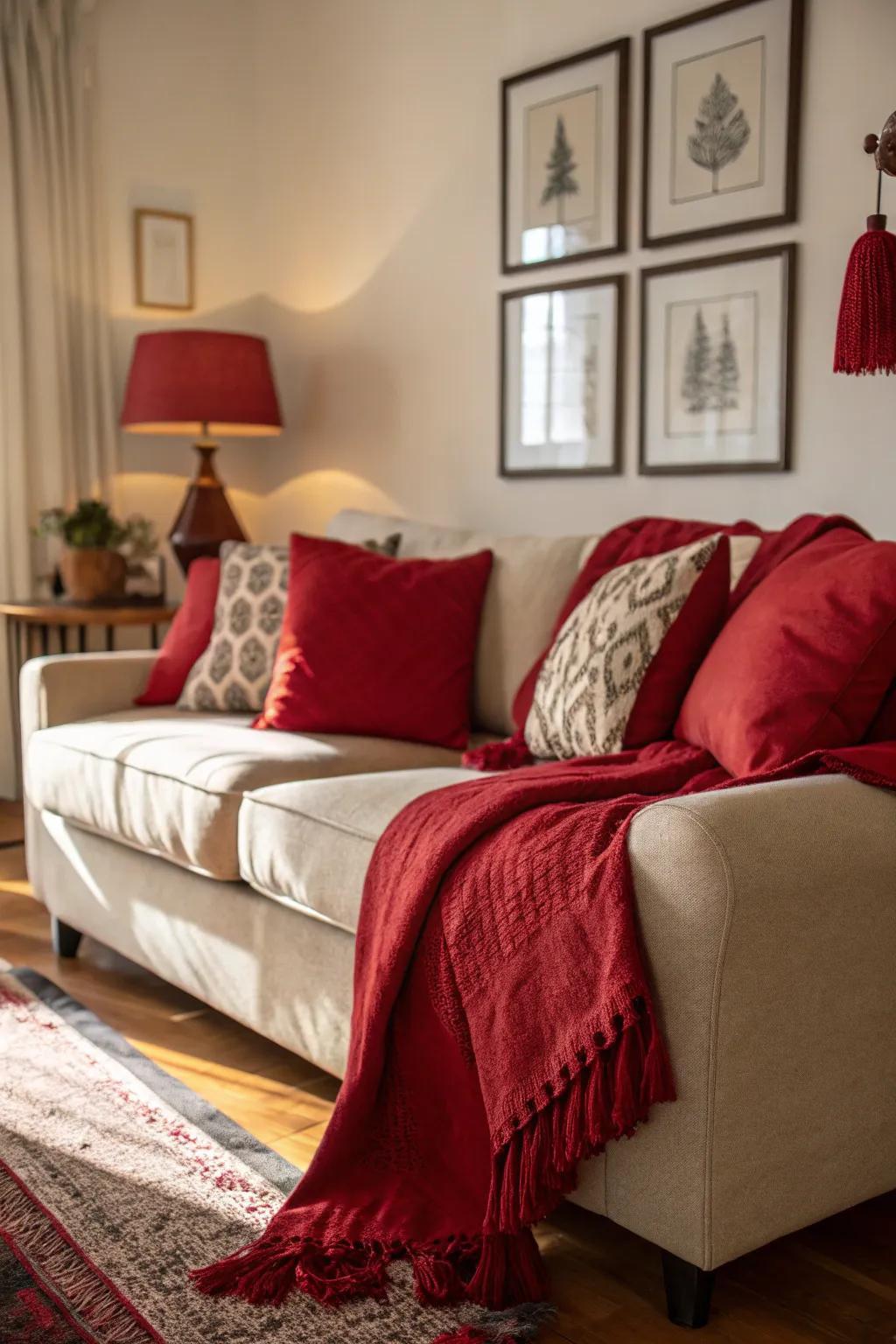 A family room augmented with comforting red aspects.