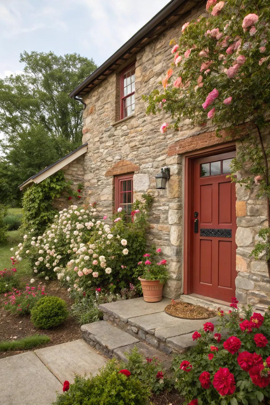 Rustic stone house with a welcoming terracotta door.