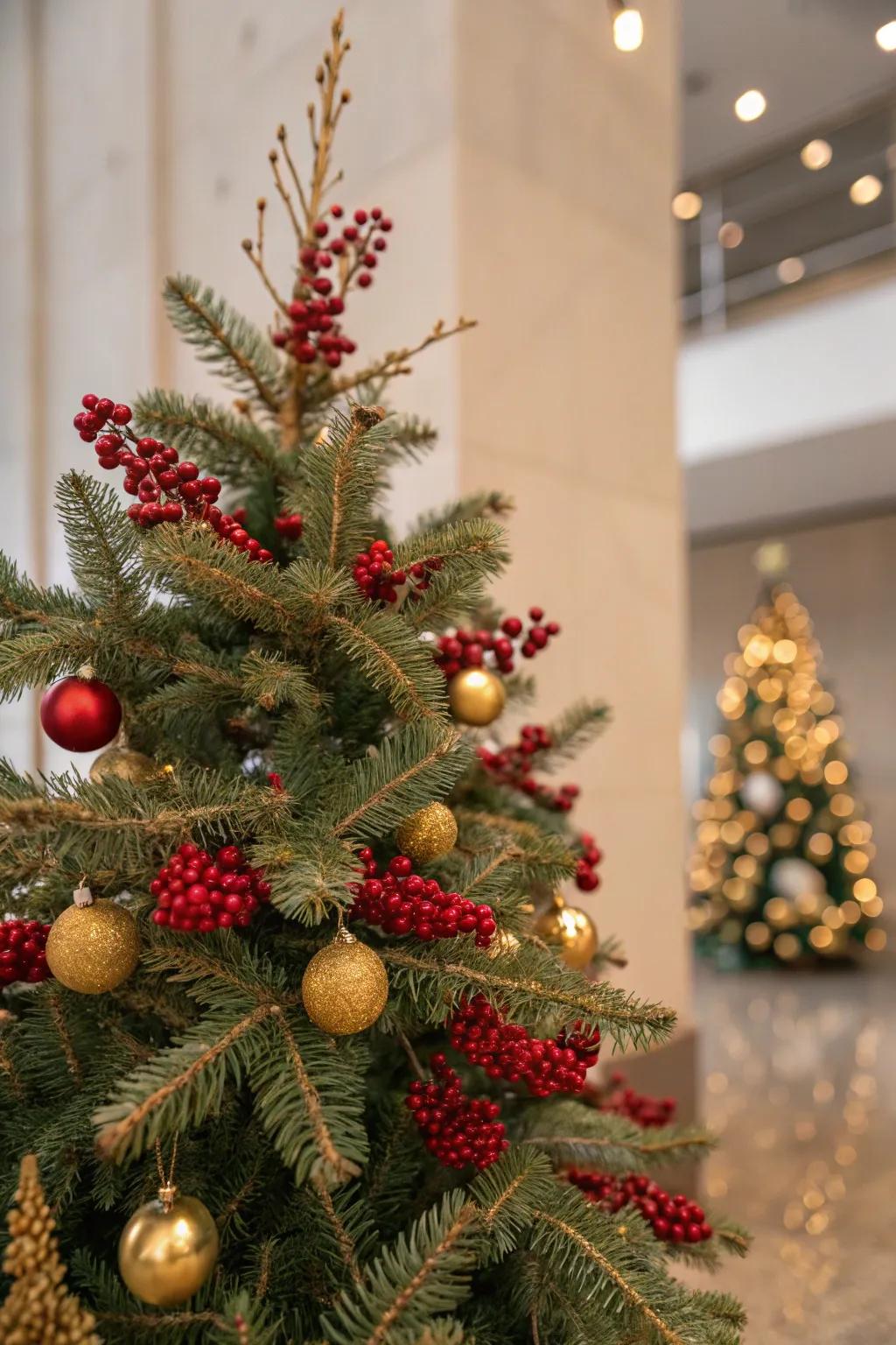 Scarlet berries and gilded branches add a natural touch to the festive decor.