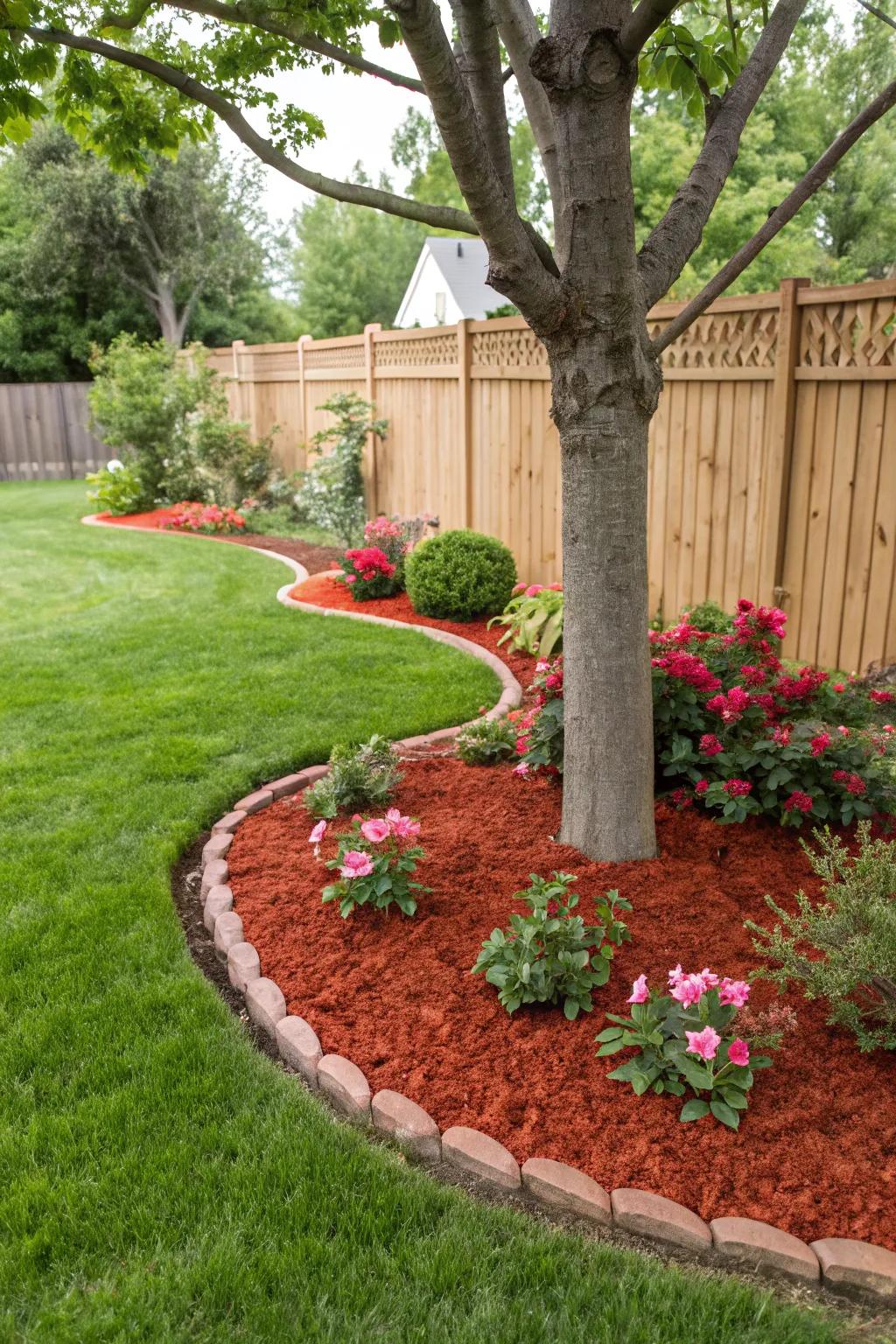 Garnet ground cover surrounding tree bases highlights their splendor while delivering safeguarding.