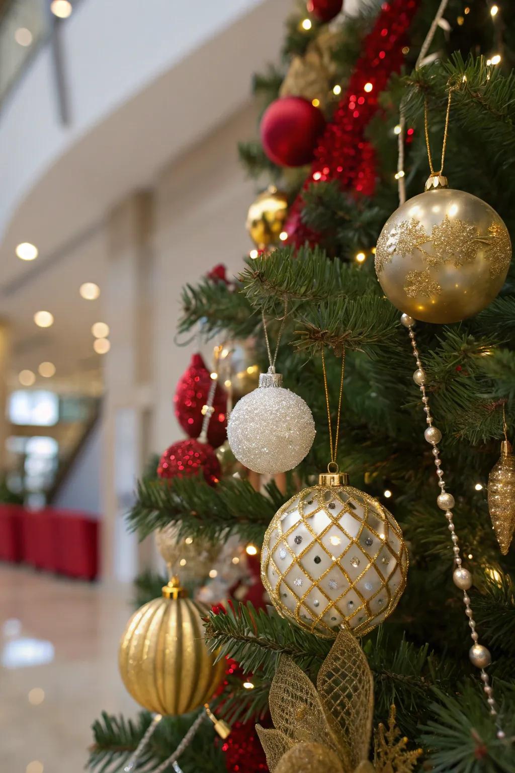 Shimmering gold ornaments form a luxurious Christmas tree theme.