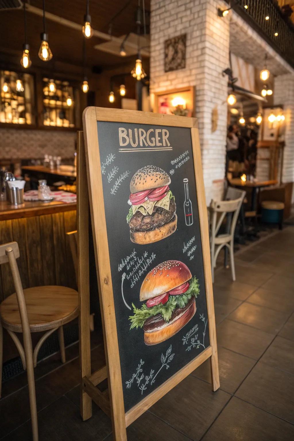 A rustic chalkboard highlighting a detailed burger illustration with labeled ingredients.