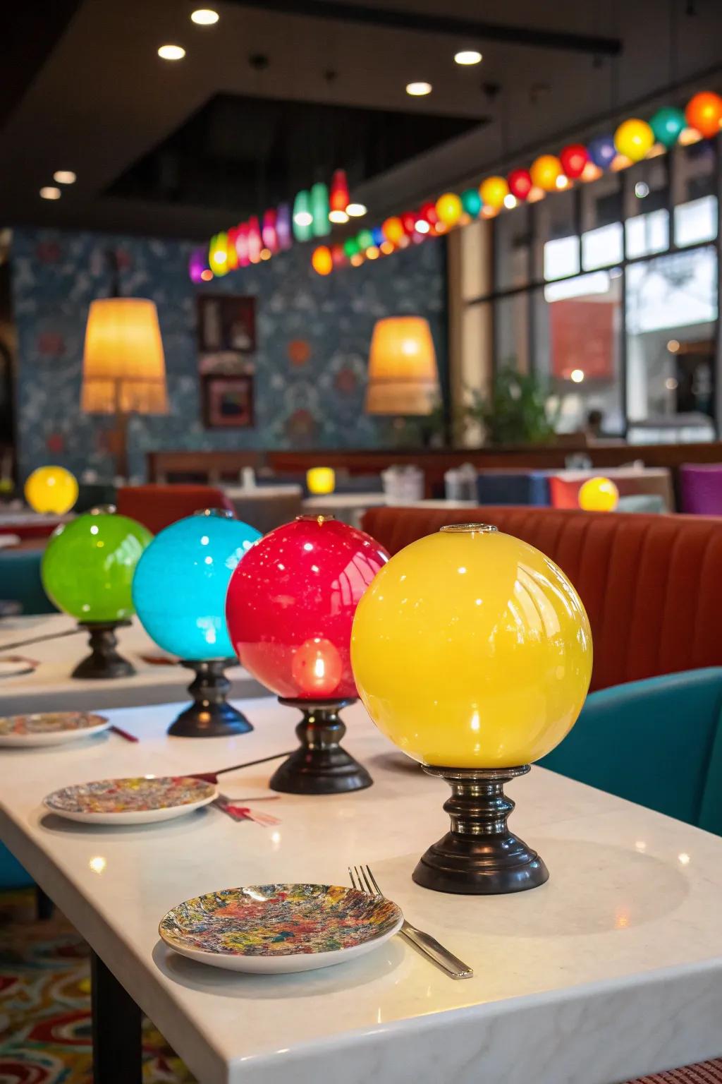 Colorful glass sphere table lamps on a restaurant table amidst bright decor.