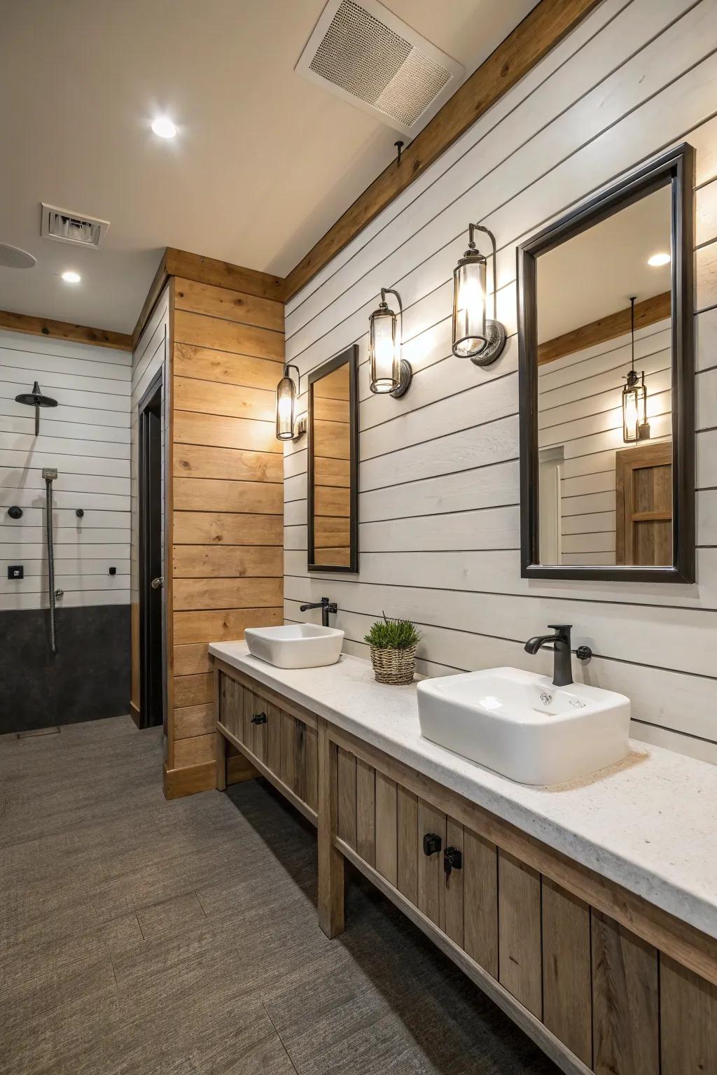 Plank walls add warmth and texture to a contemporary bathroom.