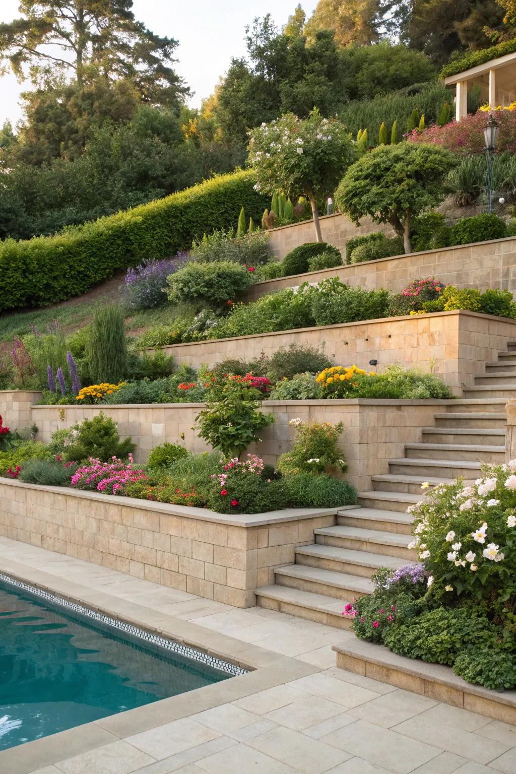 Terraced retaining wall featuring lively garden beds.