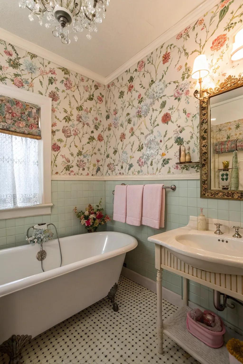 Vintage wallcovering gives a sense of nostalgia and coziness to any bathroom.