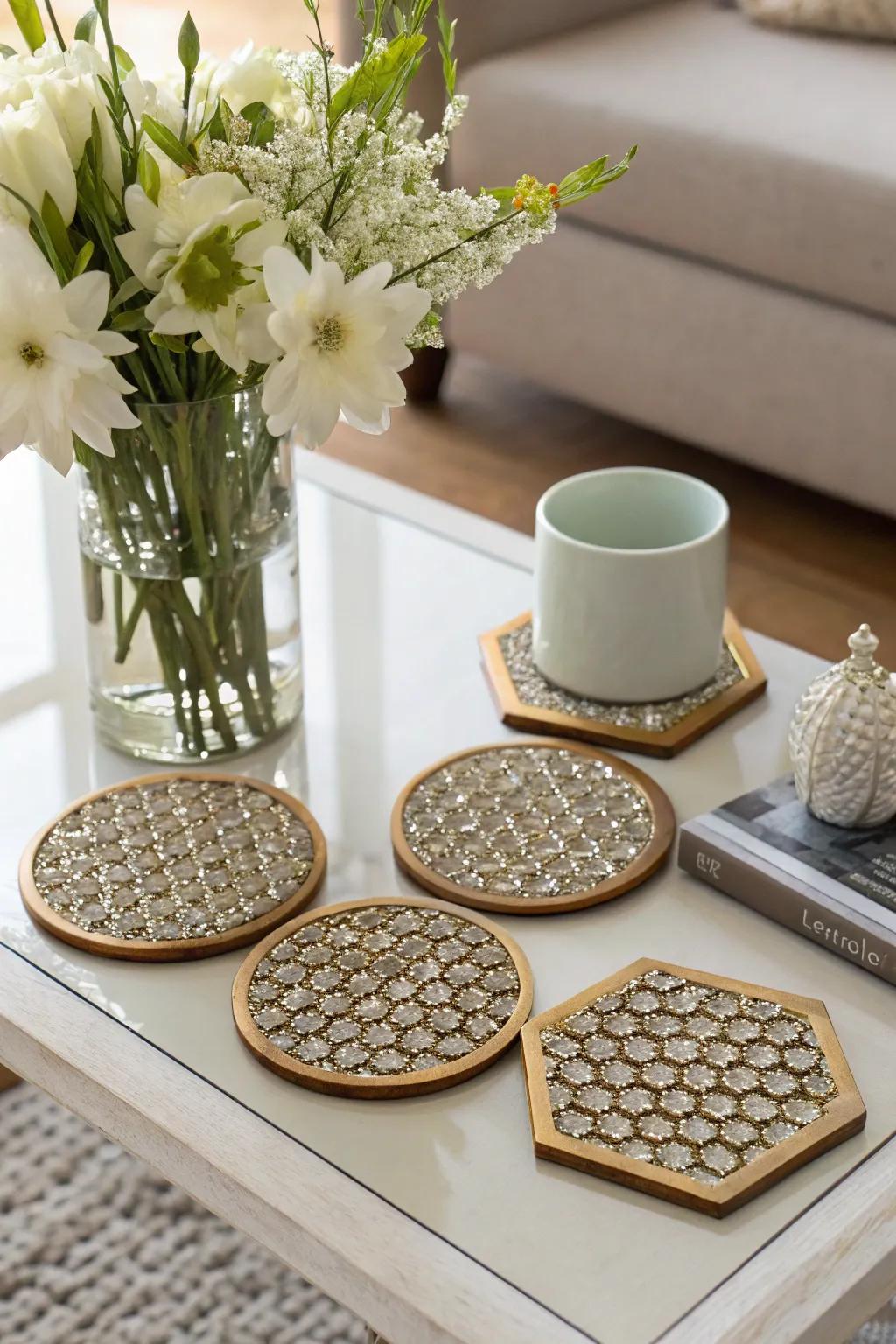 Honeycomb adhesive gems add natural beauty to coasters.
