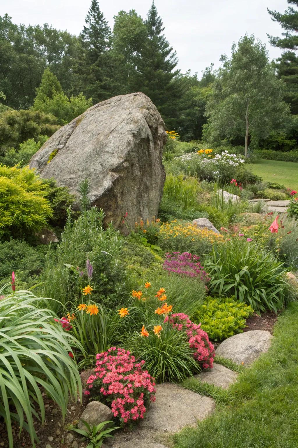 A feature stone serves as an artistic showpiece in the garden.