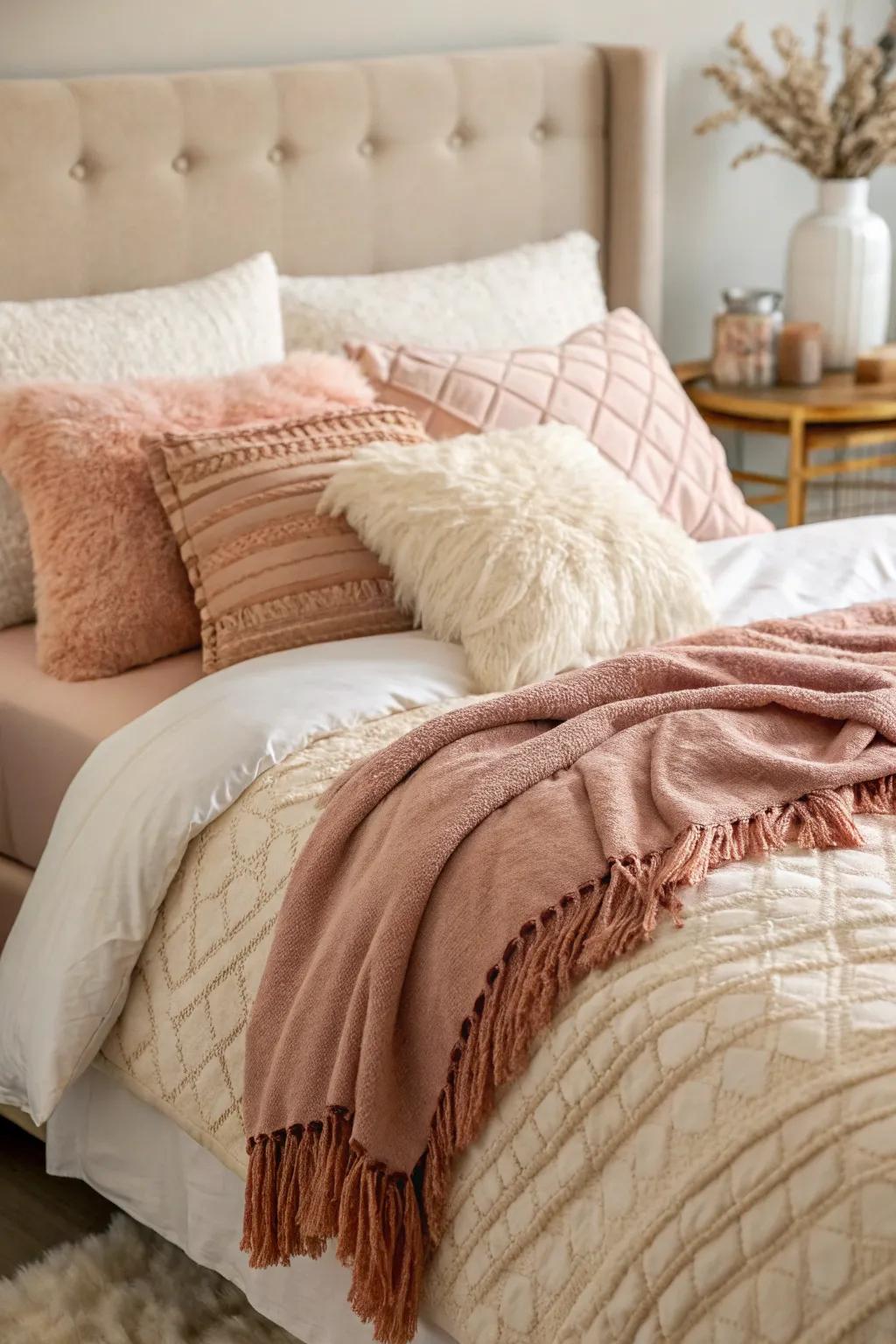 Luxurious bedding with comforting layers for a romantic experience.