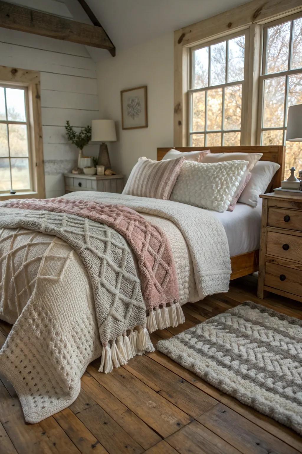 Textured bedding boosts the feeling of coziness.