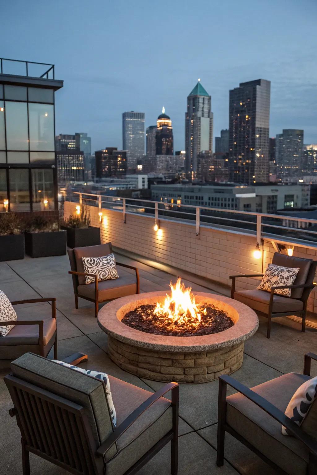 Pleasant evenings centered around a rooftop fire pit.
