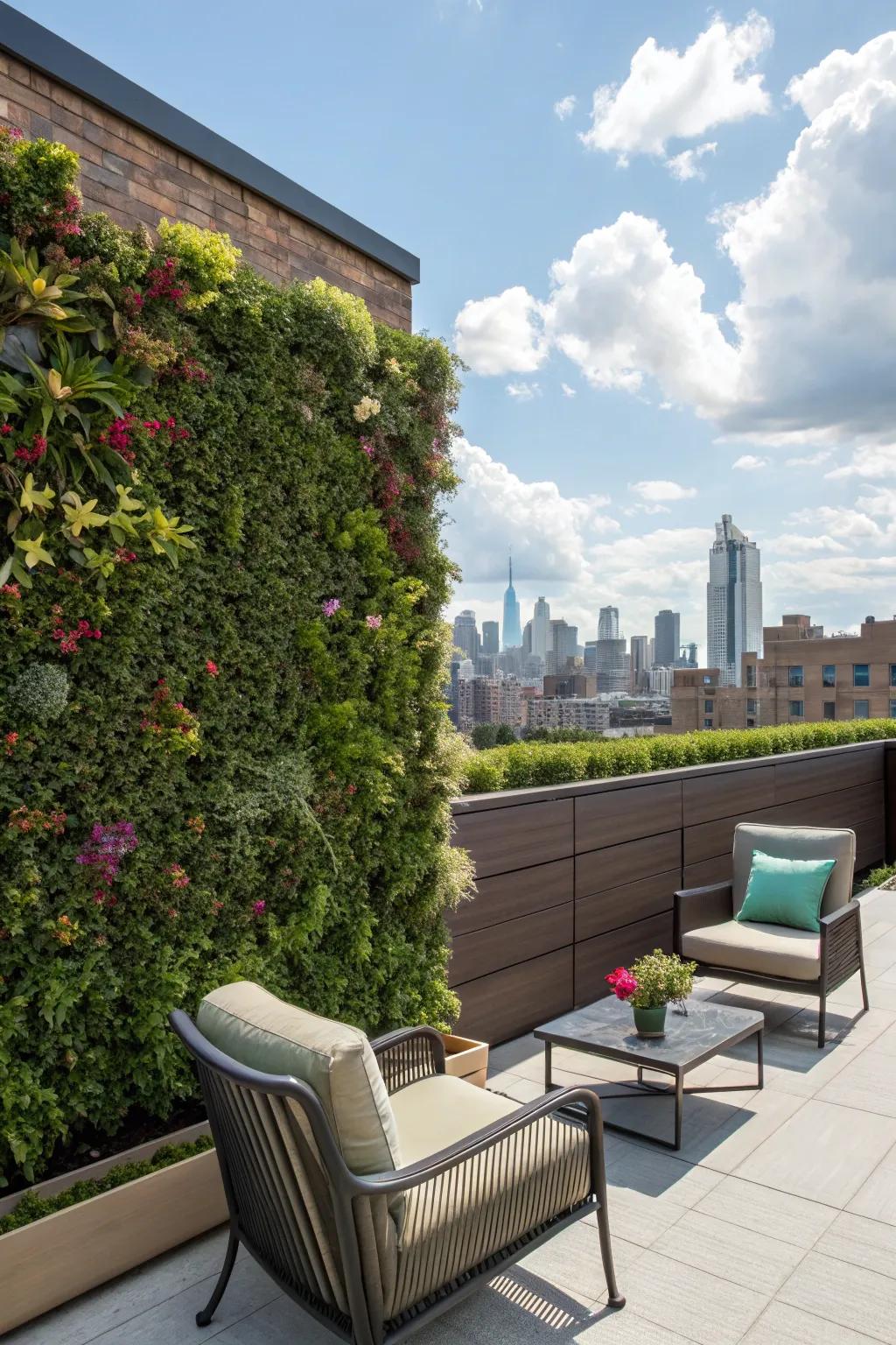 A living wall infuses lush greenery into a rooftop while saving space.