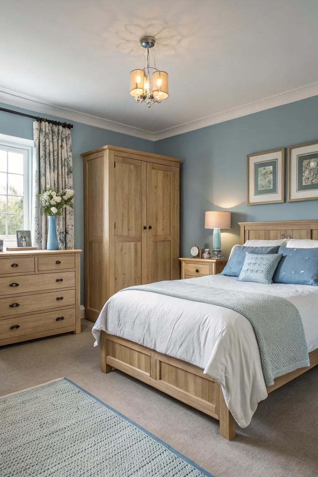 A serene bedroom with laid-back blues and light oak accents.