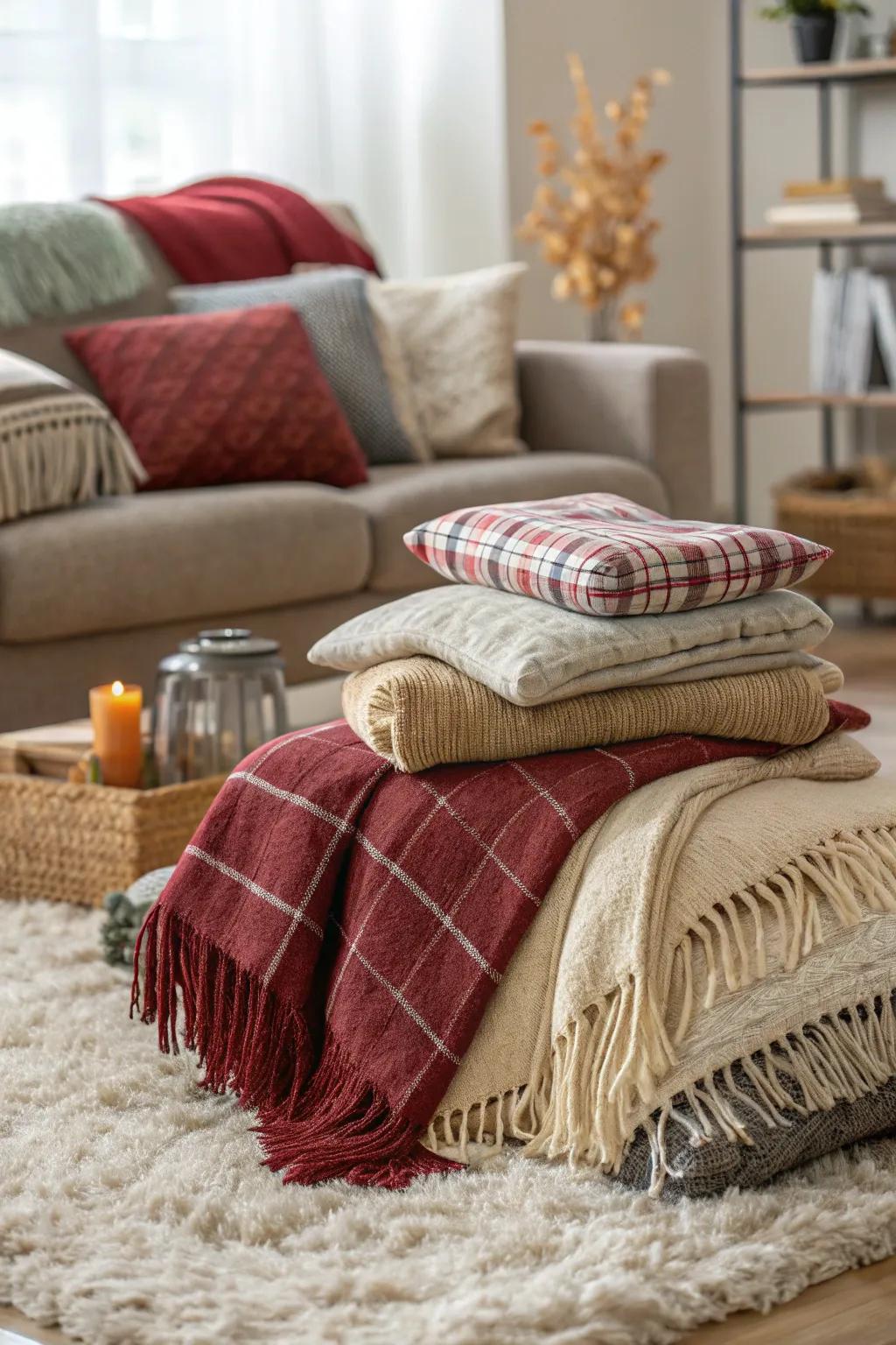 Layered soft furnishings creating warmth and comfort in a living room.