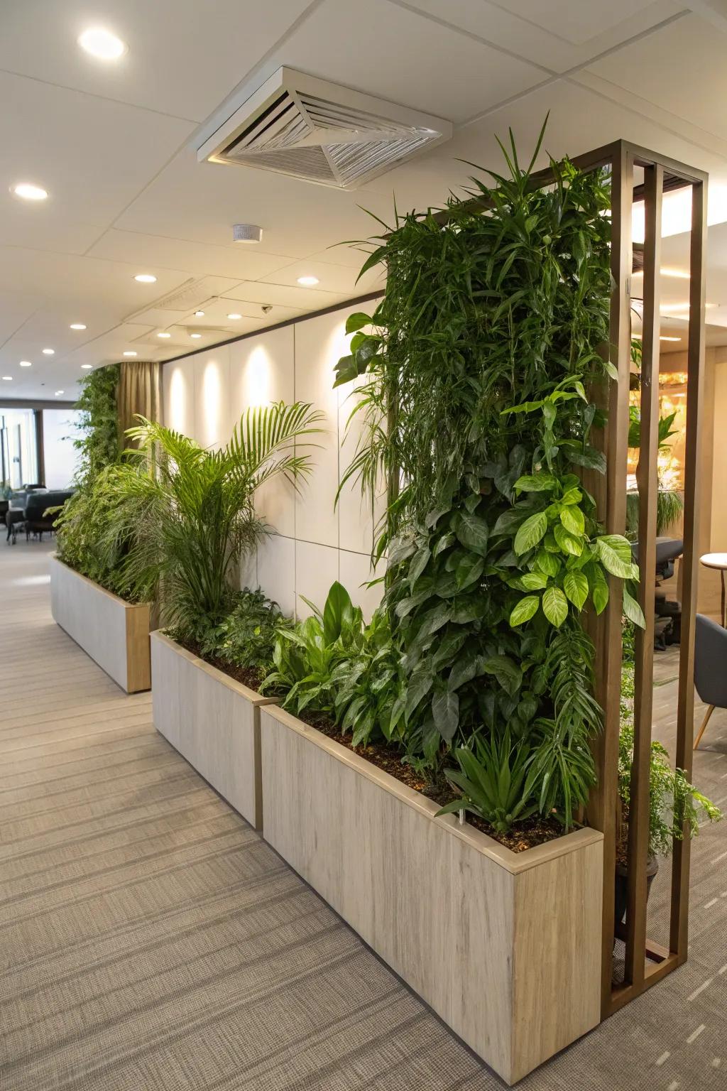 A partial wall serving as an area divider, complete with embedded planters to introduce an organic element.