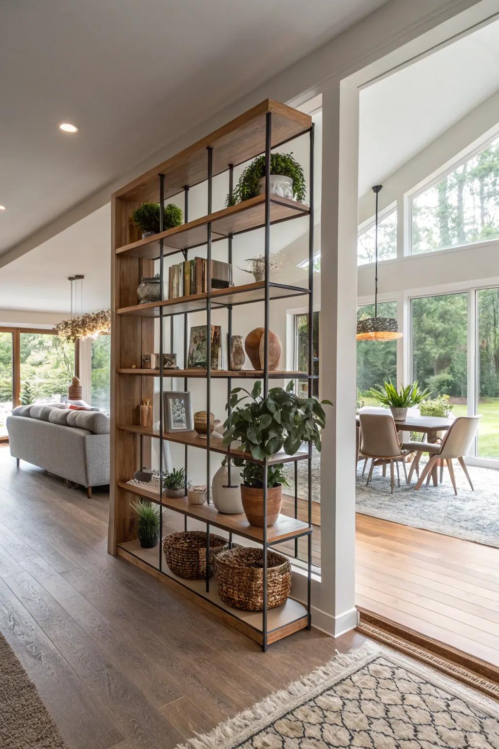 Open shelving dividers provide functionality and flair, ideal for any home.