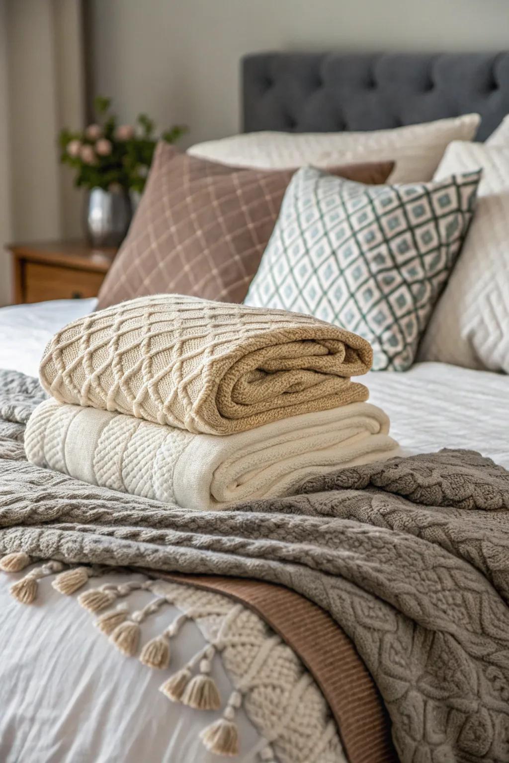 Varied texture bedding enhances warmth and comfort.