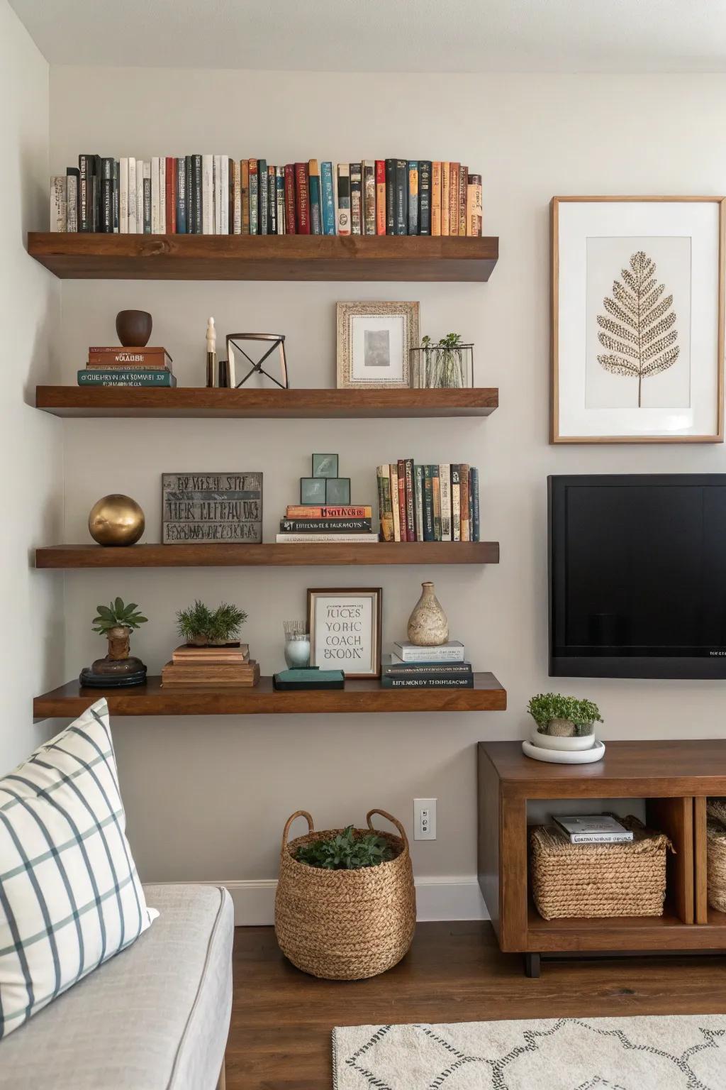 Floating shelves add style and practicality to any room.