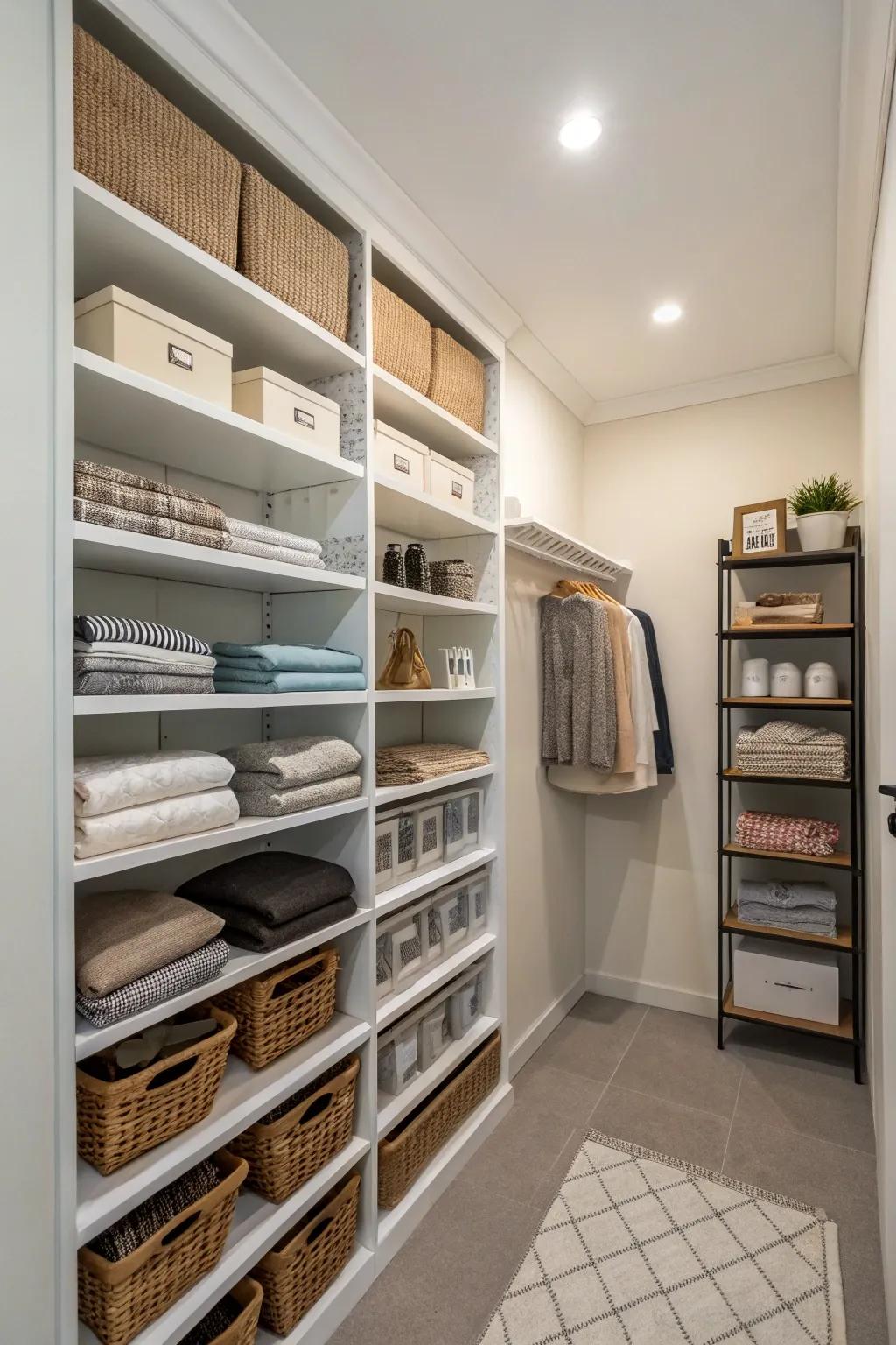 A room utilizing wall space to get the most out of its storage.