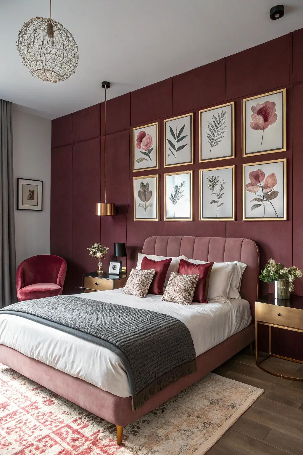 A wine-colored statement wall serves as a striking backdrop for pink-tinted gold décor.