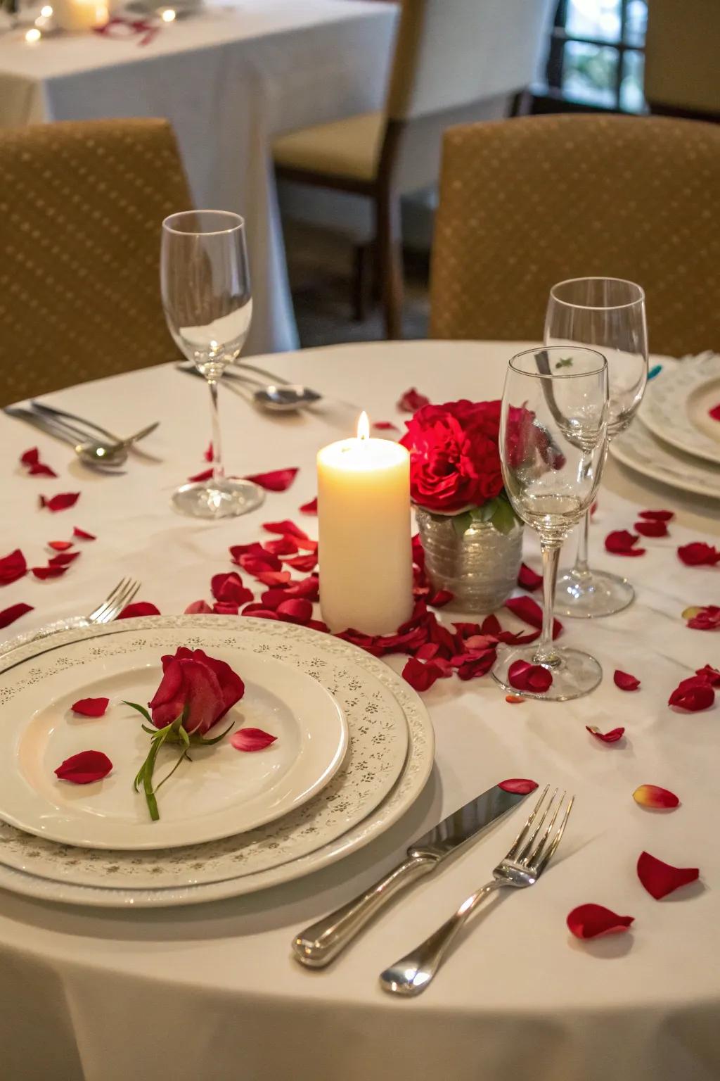 A dining table decorated with rose petals for a romantic dinner