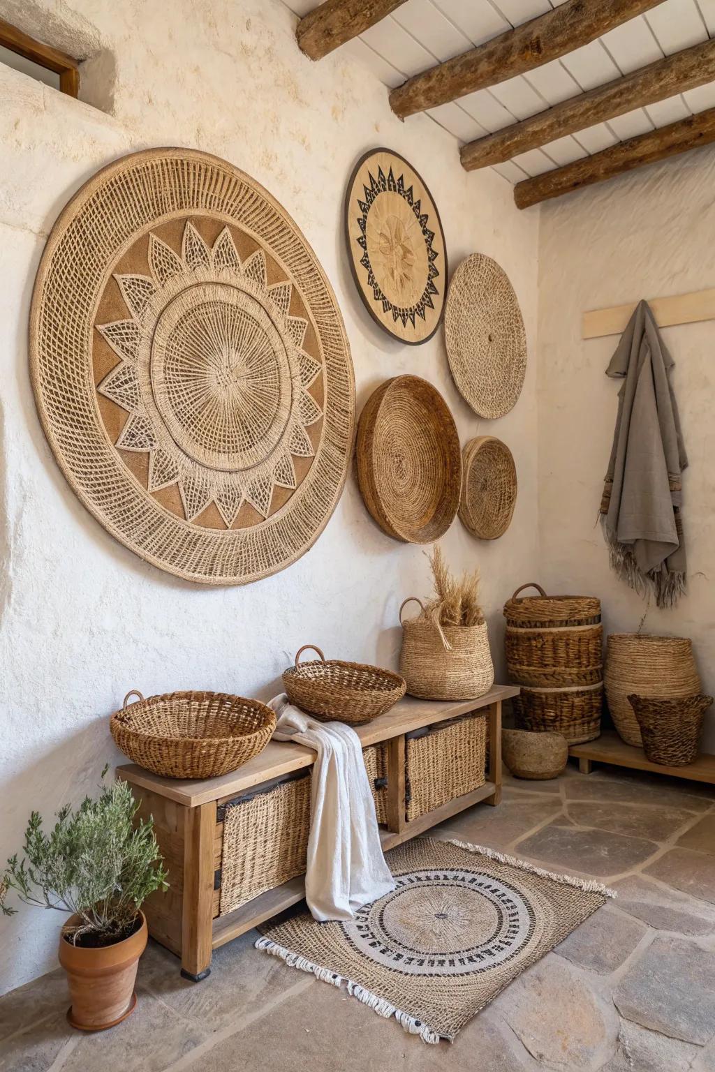 A rustic-themed room featuring circular woven wall art crafted from natural materials.