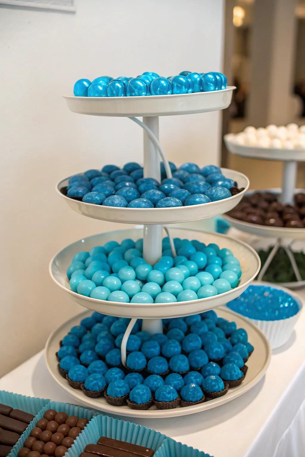 An attention-grabbing dessert table showcasing multi-tiered stands that enhance height and dimension.