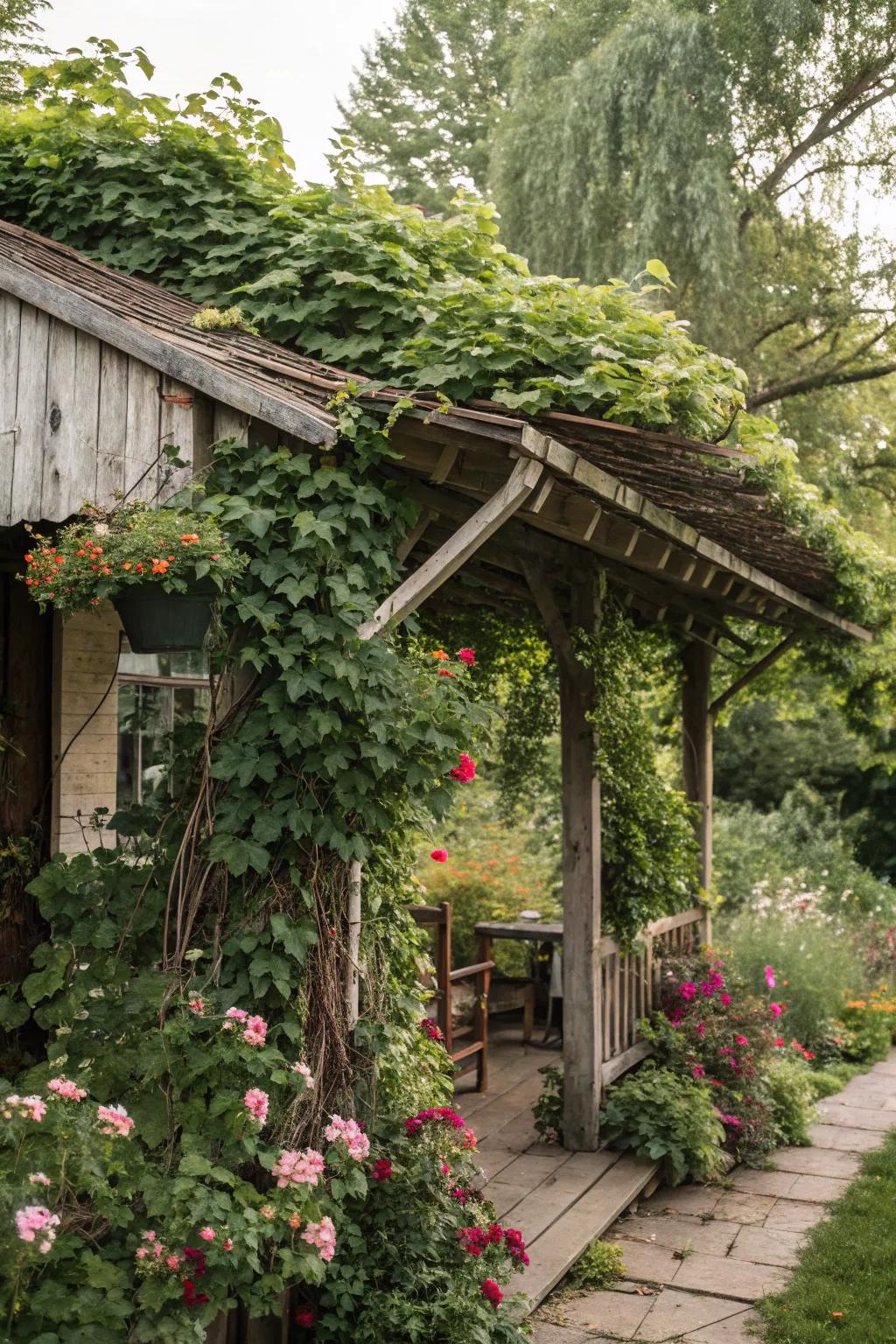 Incorporate greenery to achieve a naturally rustic awning.