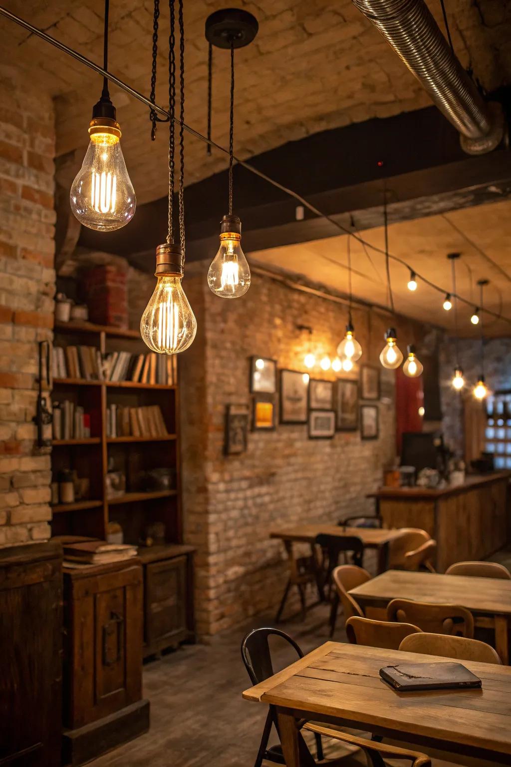 Warm lighting enhances the cozy feel of a rustic basement.