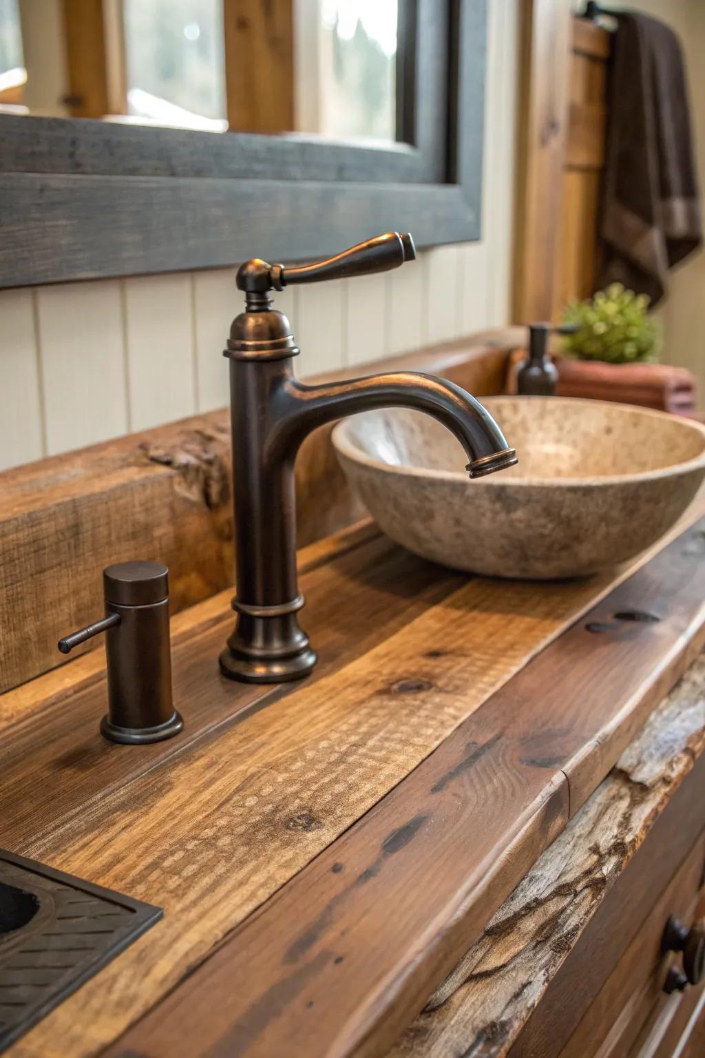 Dark-stained gold water spouts merge seamlessly with rustic decor.