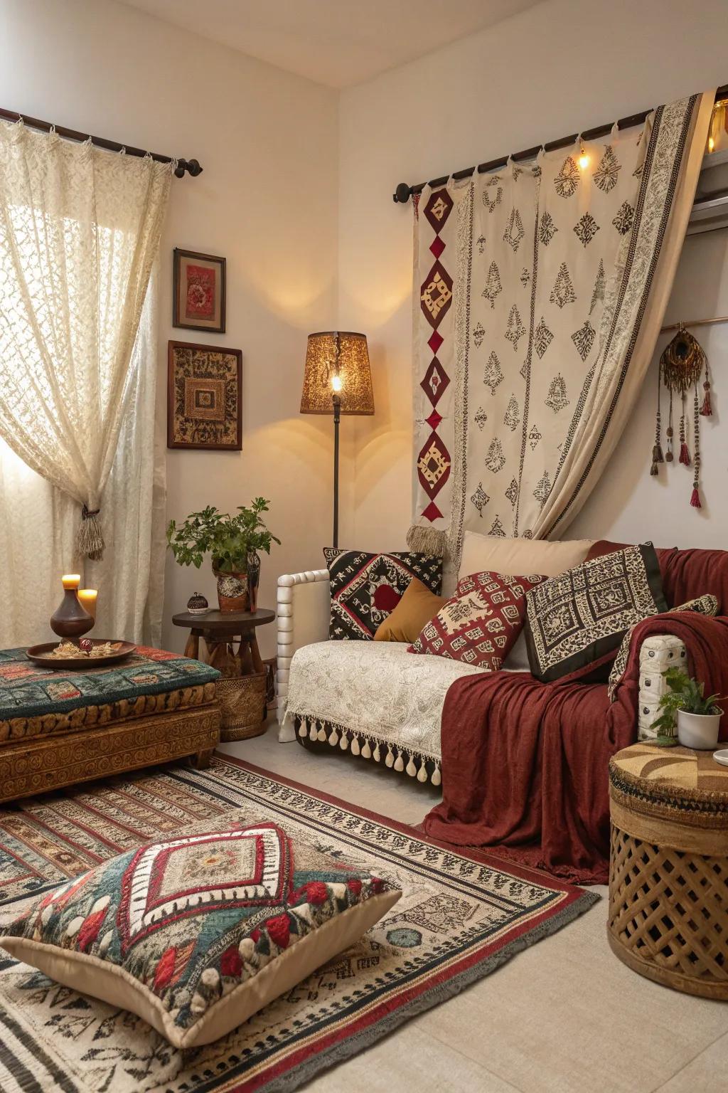 Layered fabrics introduce visual depth and a cozy feel.