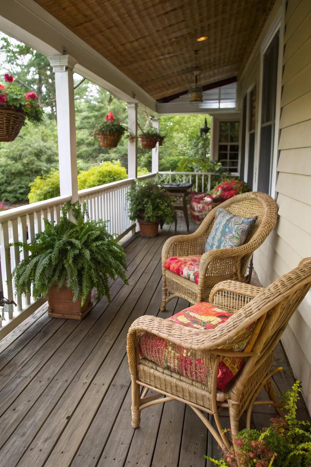 Unwind stylishly with comfortable seating on your country porch.