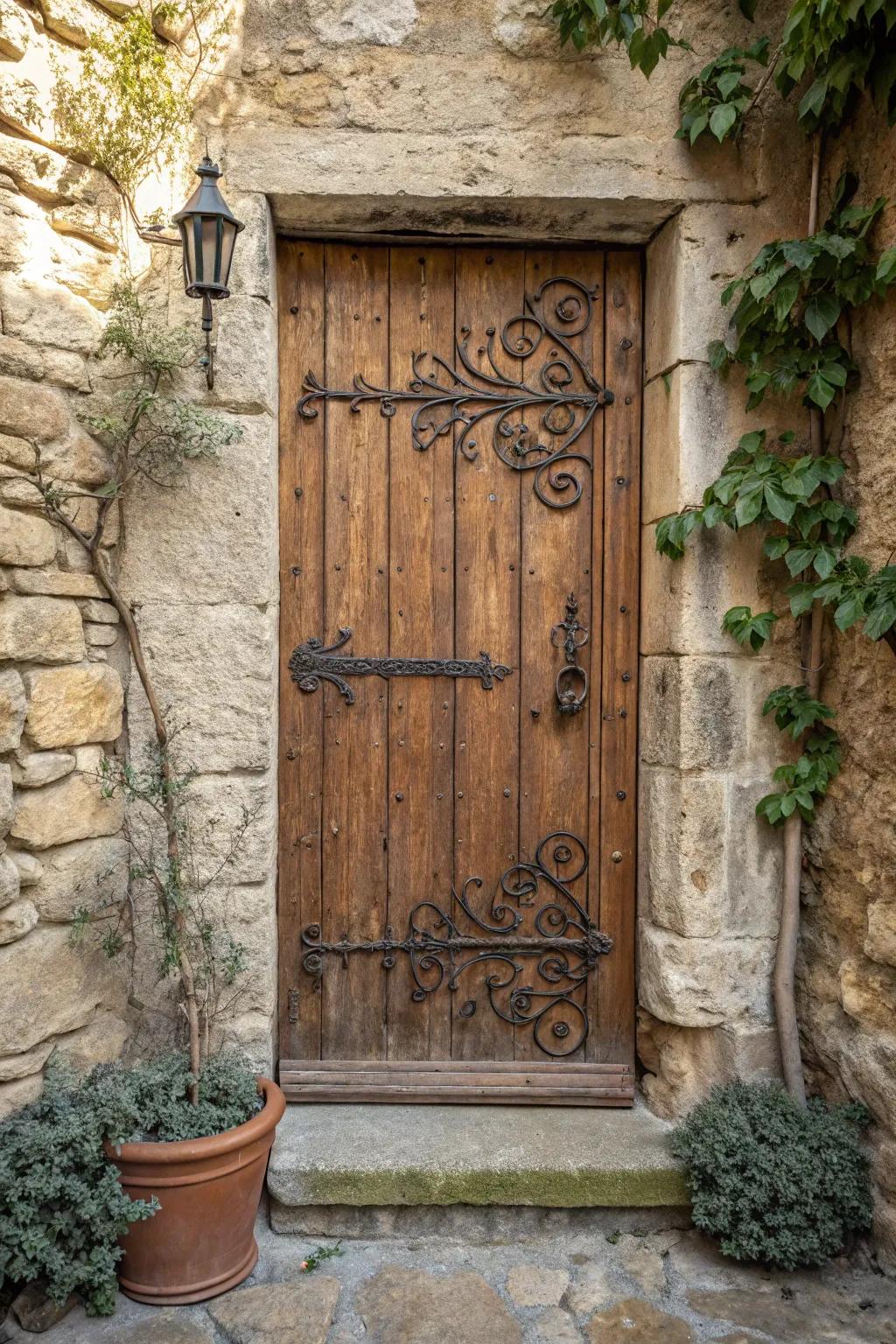 Metal accents bring elegance and contrast to rustic wooden doors.