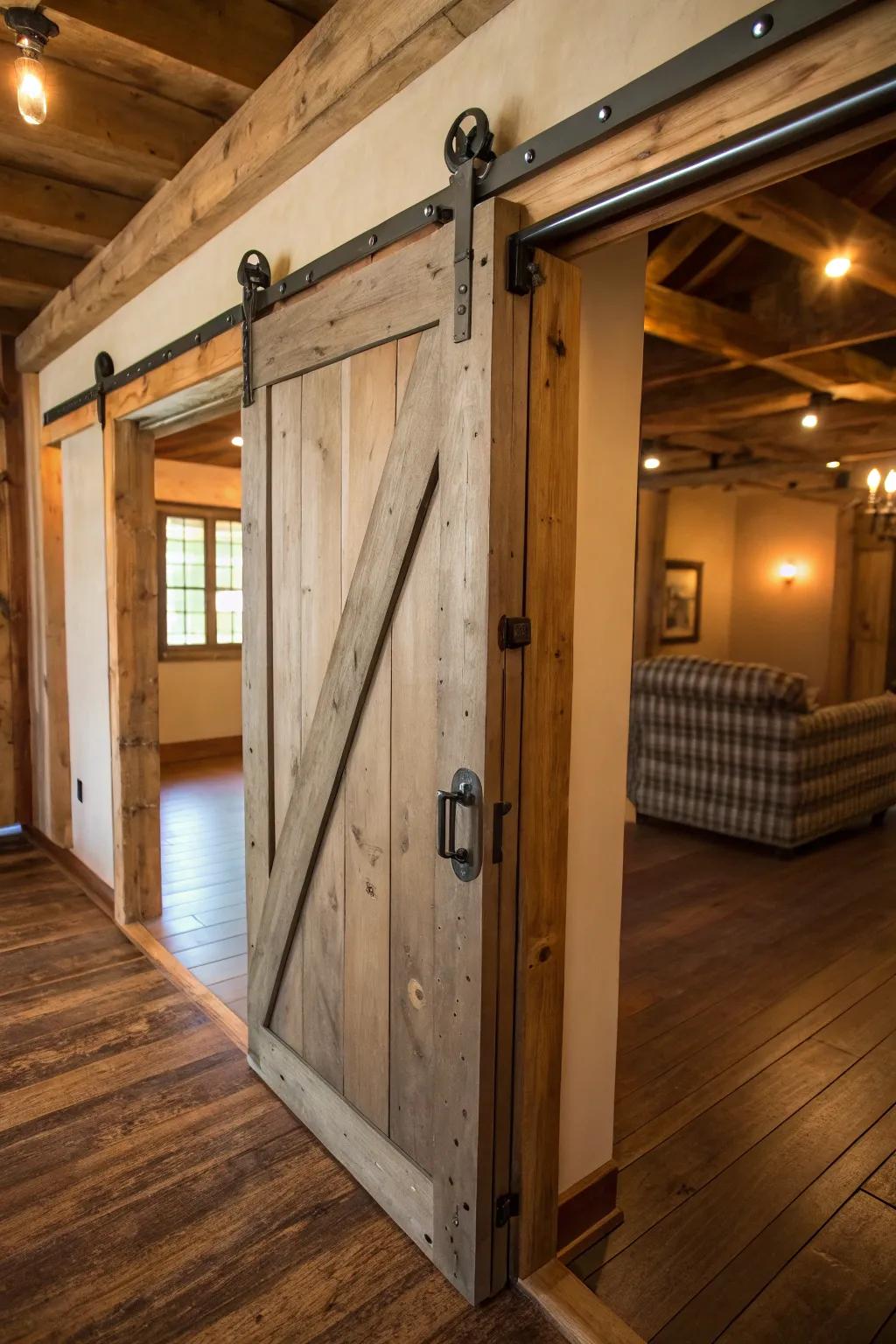 Barn style sliding door with rustic hardware, perfect for adding farmhouse flair.