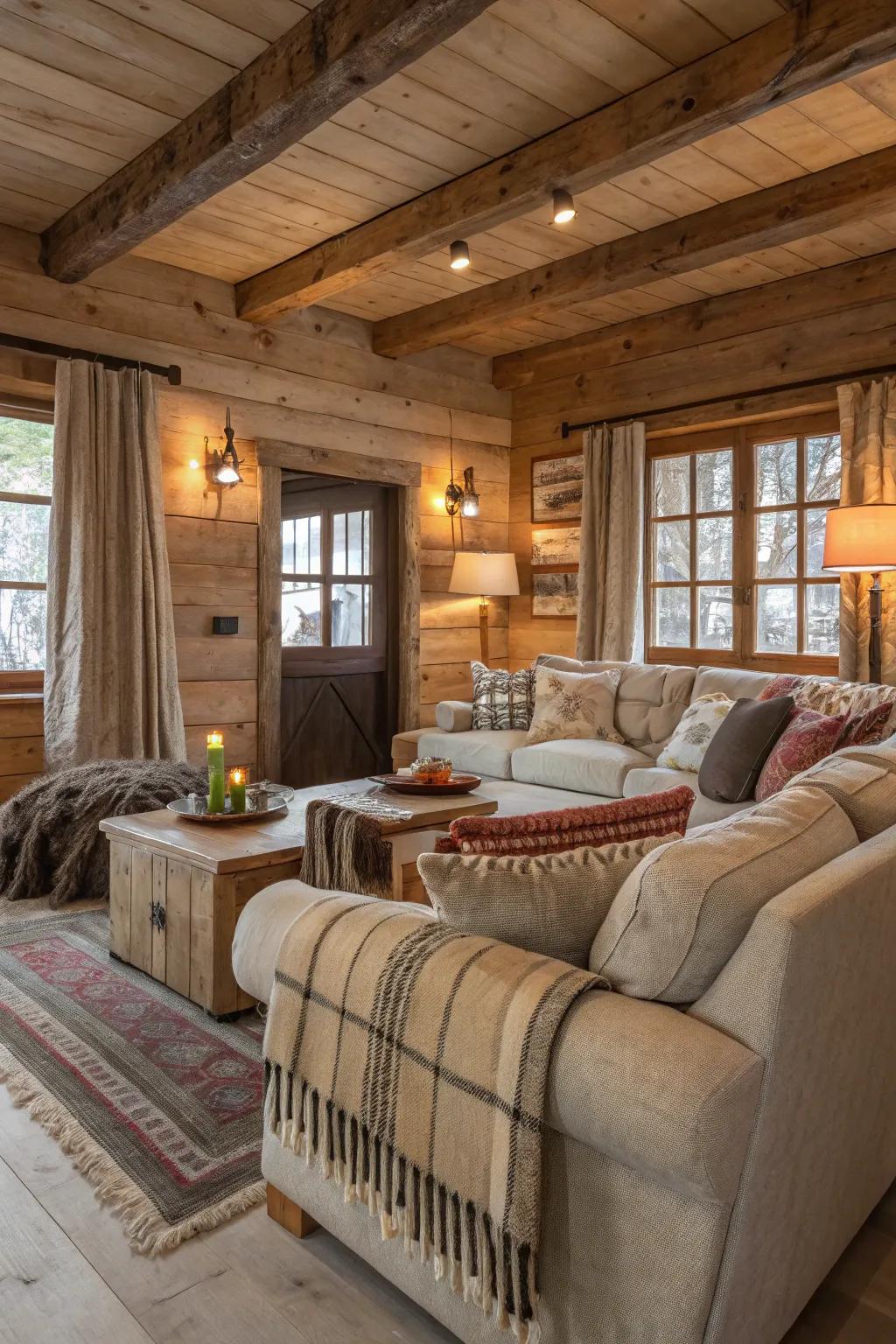 Comfortable decor and layered textiles create a cozy family room.