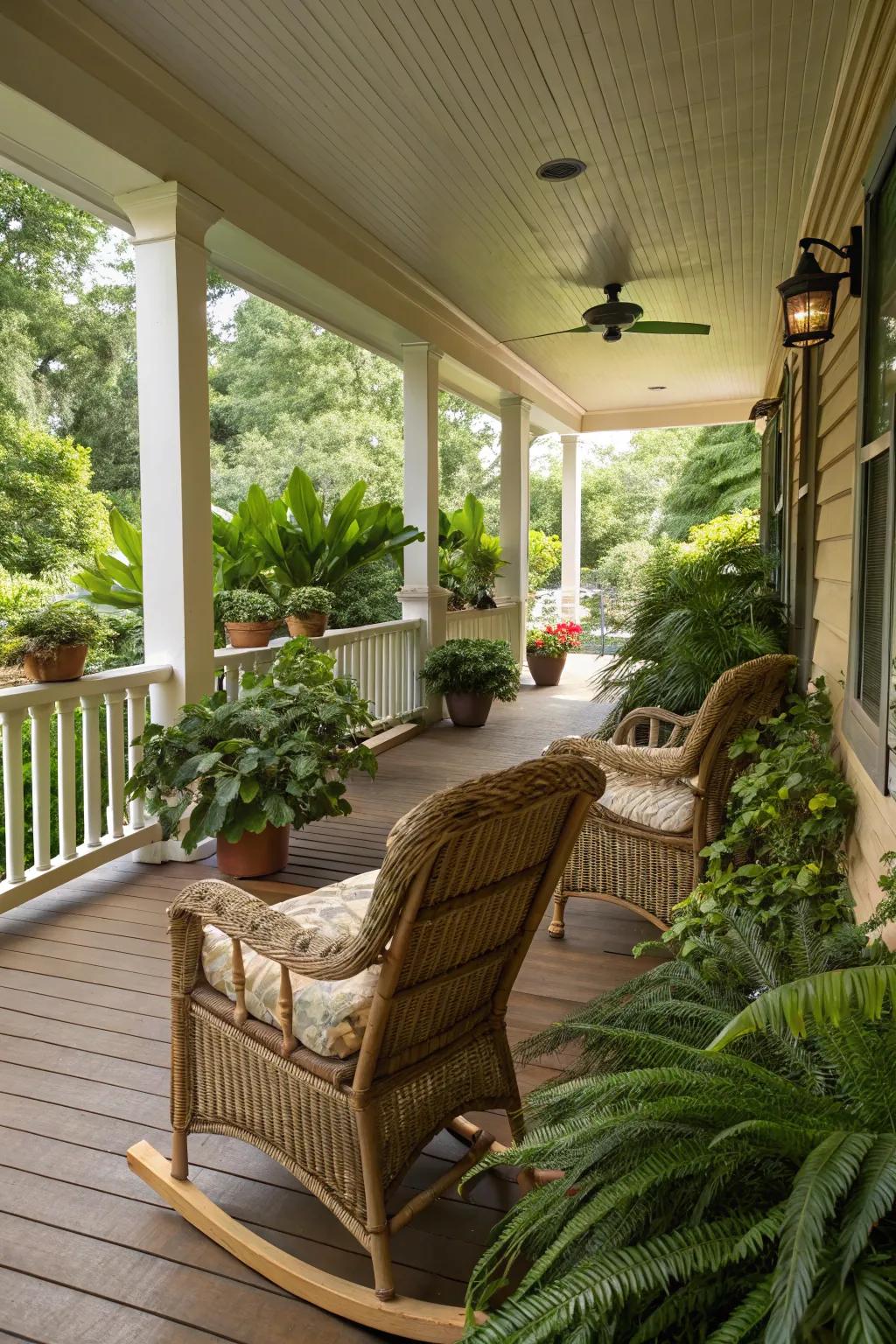 Comfortable seating arrangements featuring woven furniture and rocking seats to create a cozy porch environment.