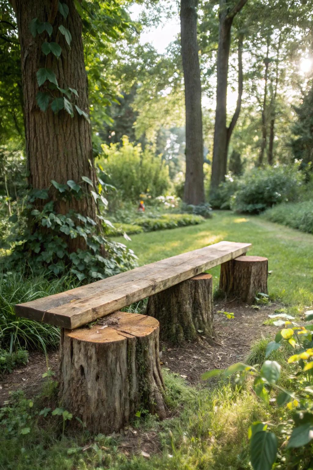 A creative application of tree bases as the foundation for a rustic garden bench.