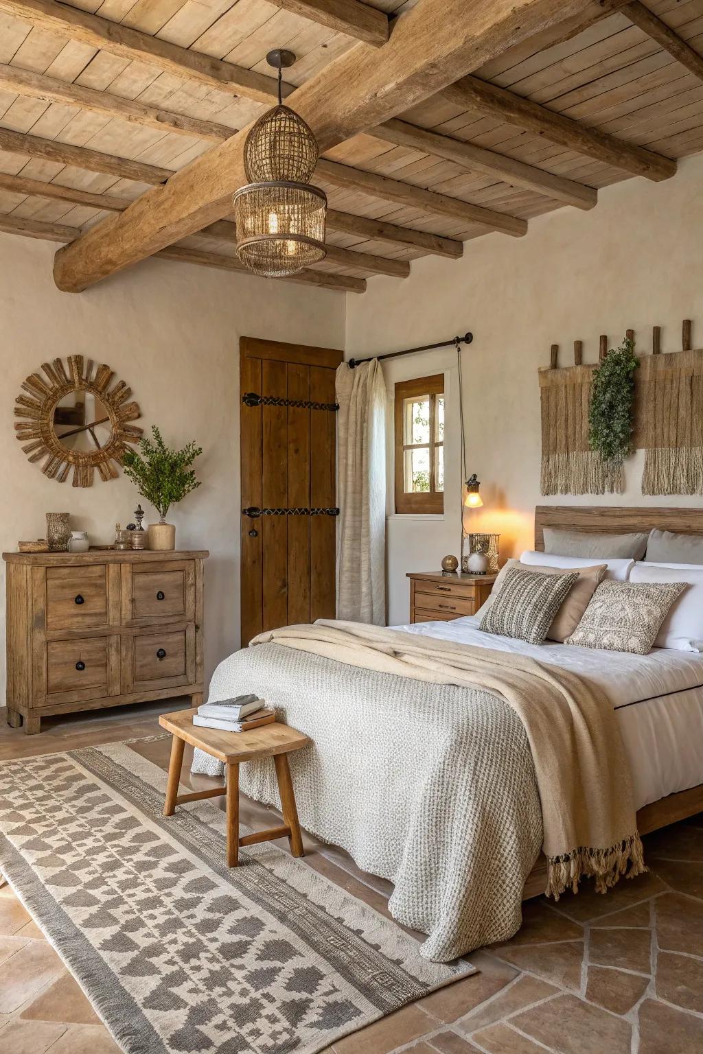 A rustic bedroom featuring calming neutral and earthy shades.