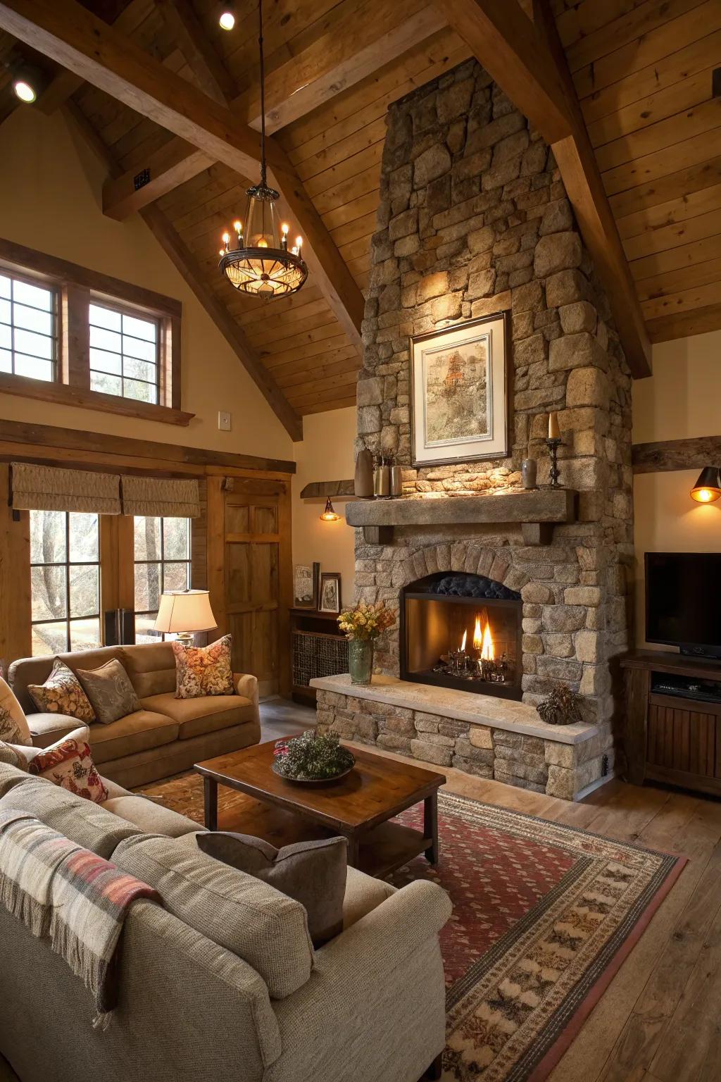 A stone fireplace serves as the heart of any welcoming rustic living room.