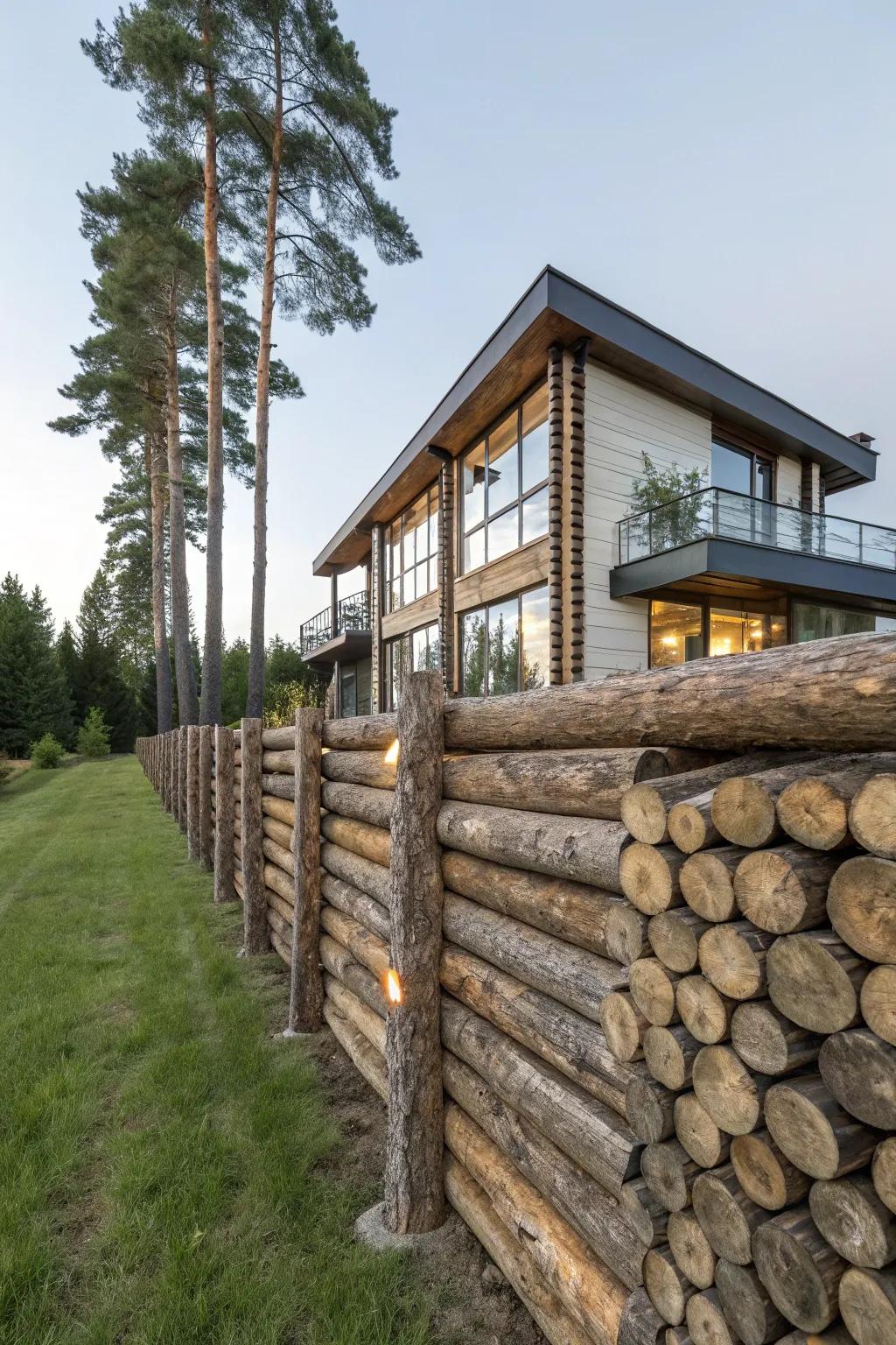 Upright logs establish a bold and modern natural fence, ideally matching modern architecture.