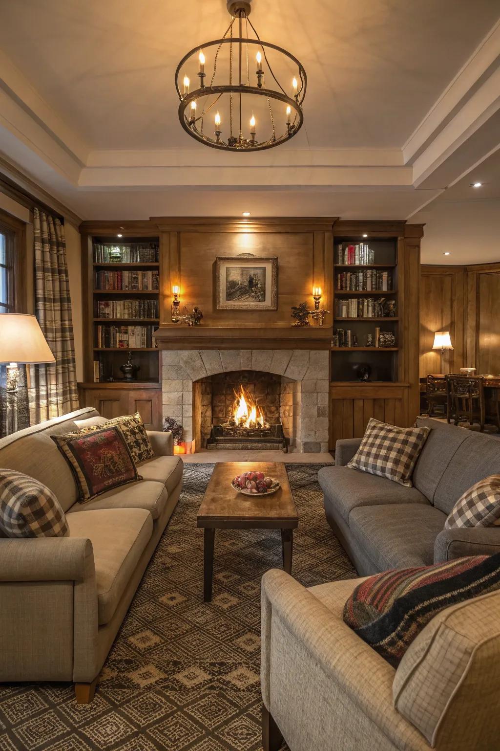 A comfortable seating zone centered around a stone fireplace, ideal for unwinding.