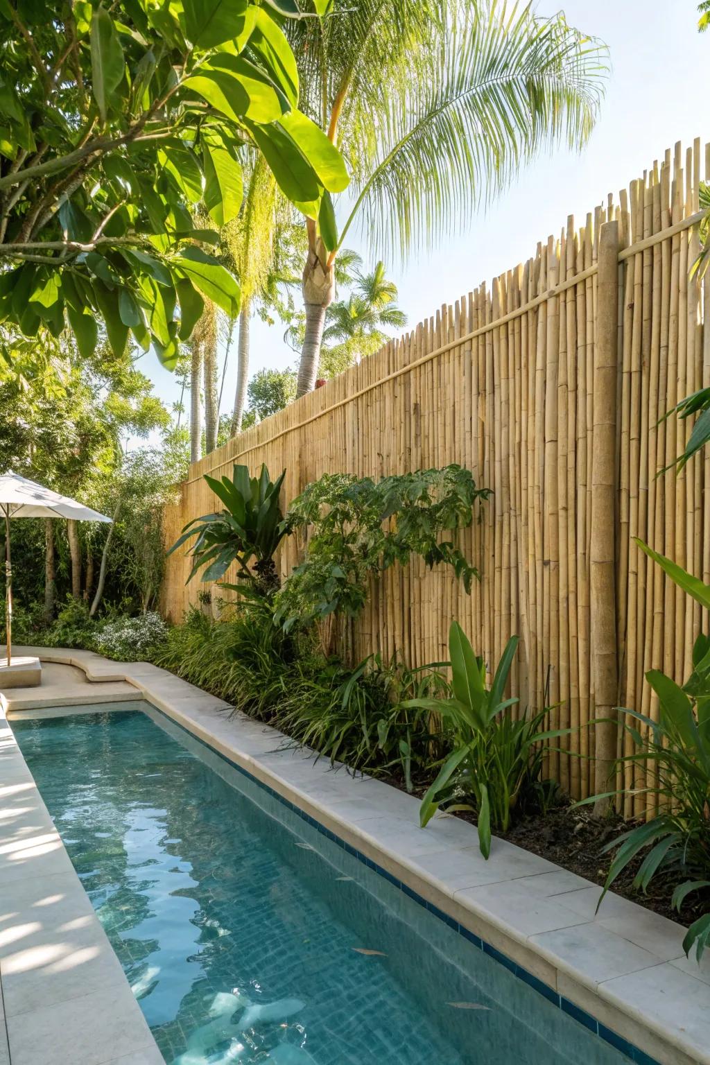 A cane fence offering a tropical atmosphere encircling the pool.