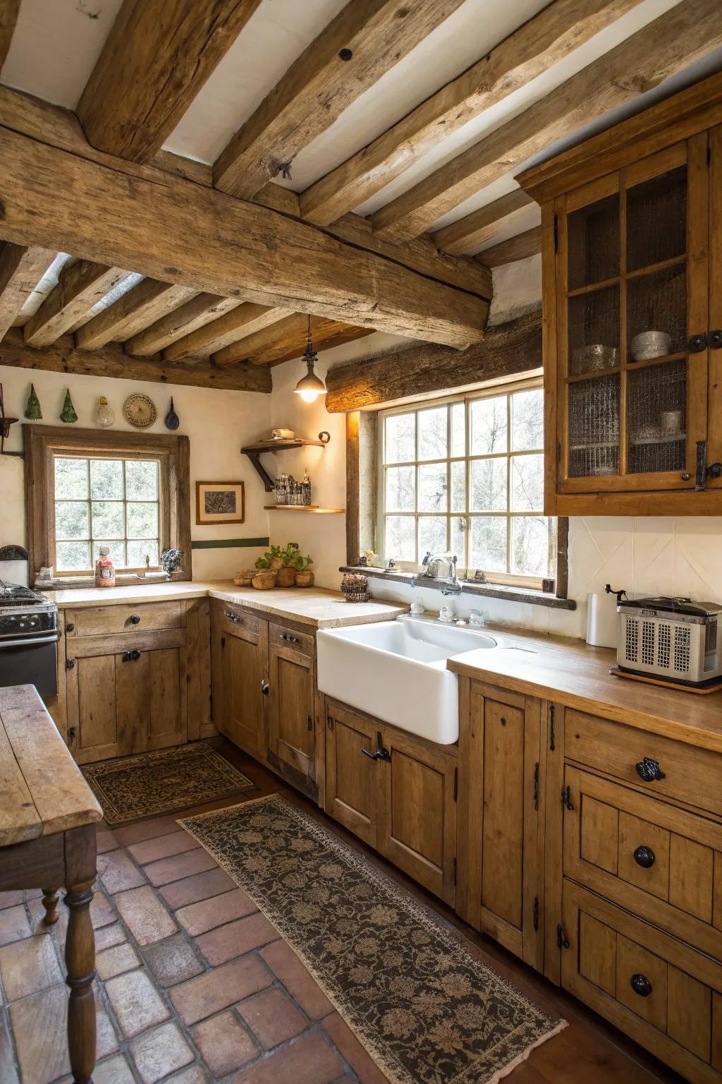Open timber rafters introduce personality to this countryside kitchen.