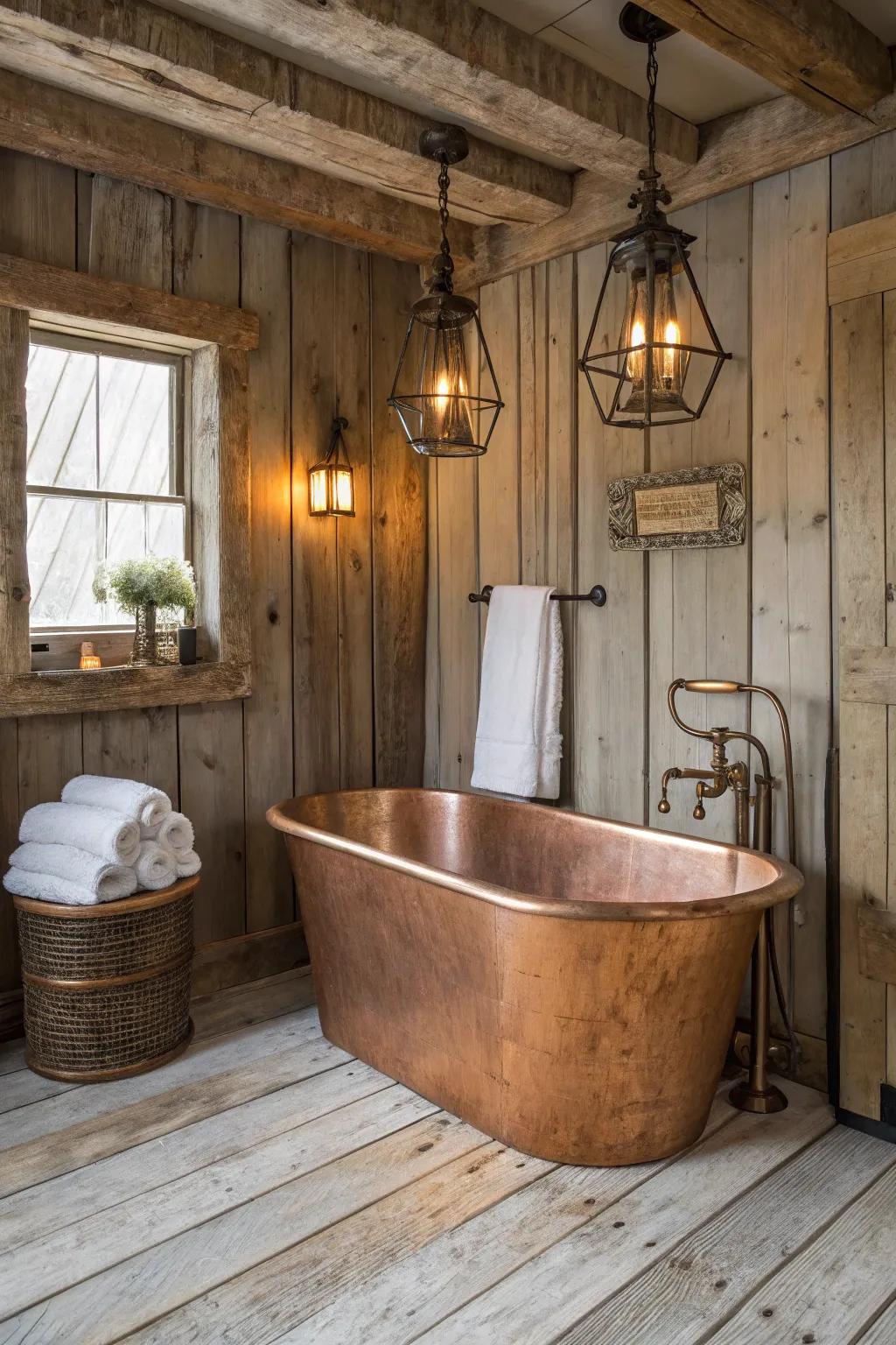 A copper-made soaking tub exudes countryside sophistication.