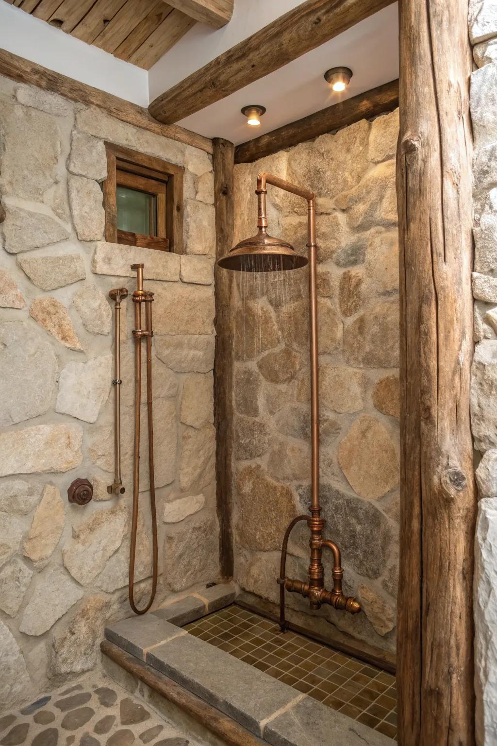 Displaying a country-style shower equipped with copper hardware that enriches the area with vintage beauty.