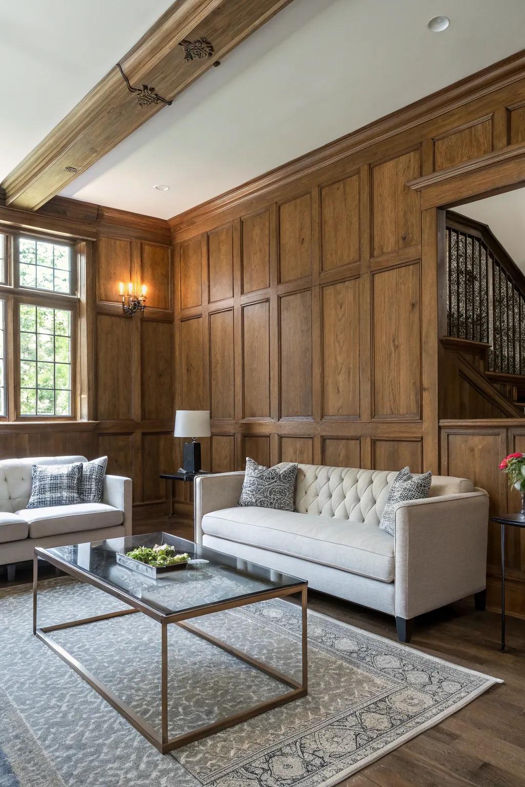 A balanced mix of modern and rustic styles using wainscoting.