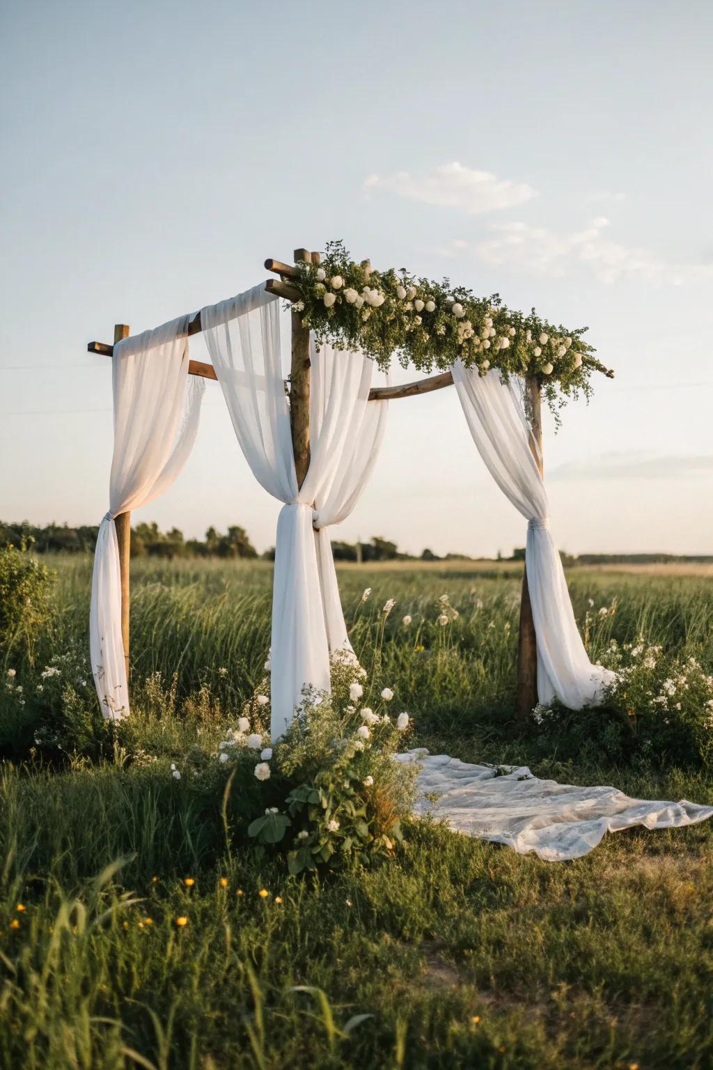 An elegant arch adorned with delicate fabric, perfect for a whimsical outdoor ceremony.