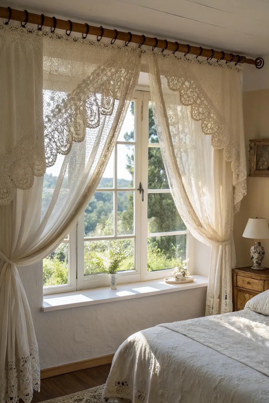 A serene bedroom showcased with a lace and linen valance that softly mutes the incoming sunlight.