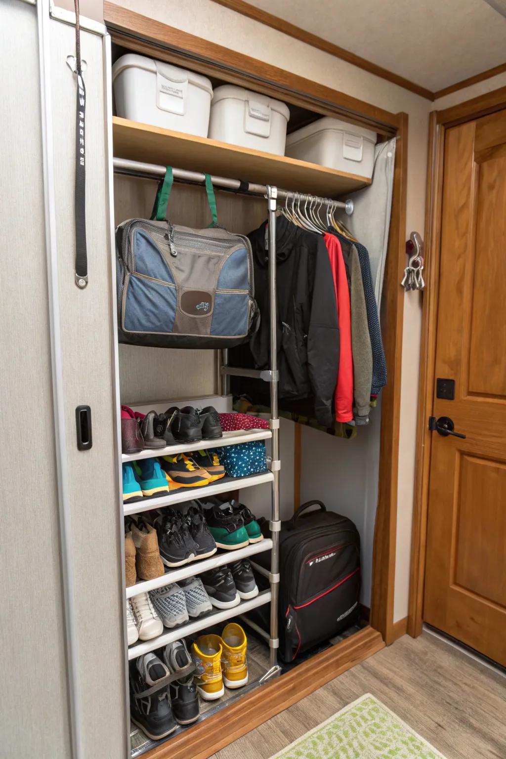 A pressure rod footwear organizer maintains footwear neatly arranged.