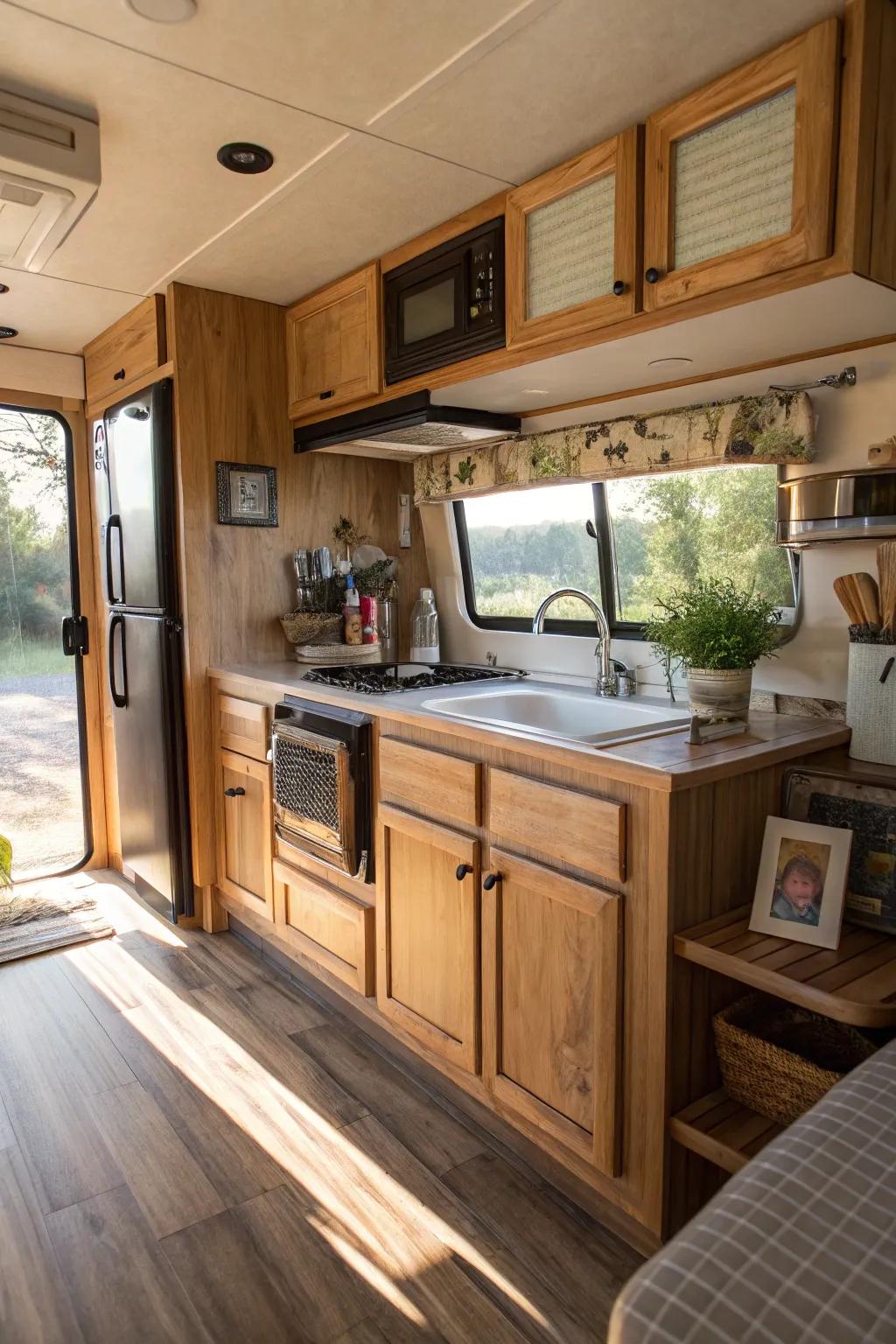 Raw wood colors offer warmth and coziness to this RV kitchen.